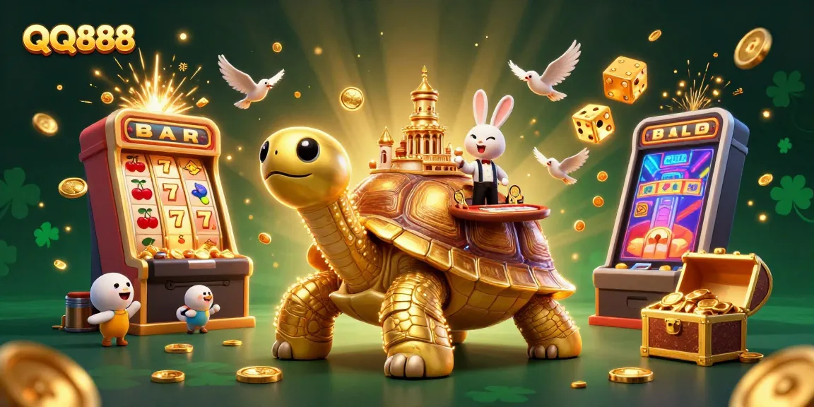 Experience thrilling wins at QQ888 with a giant tortoise casino, celebrating jackpots and vibrant games.