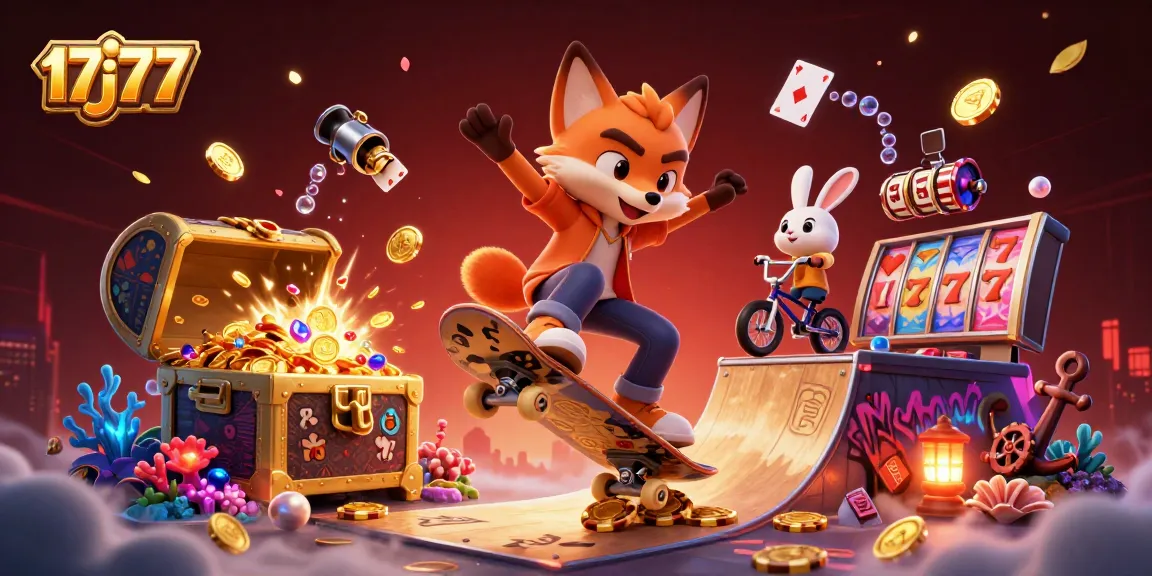 Experience the thrill of 17j77 with a vibrant casino-themed 3D illustration showcasing dynamic characters and game elements.