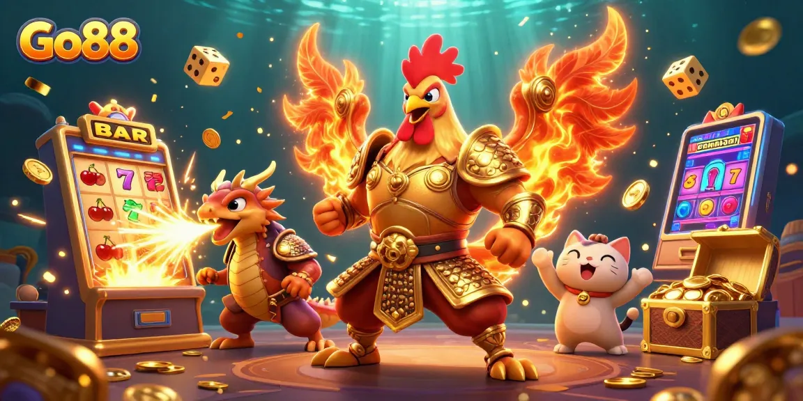 Experience the thrill of Go88 with an epic fighting rooster warrior and dragon, celebrating jackpots and fortunes!