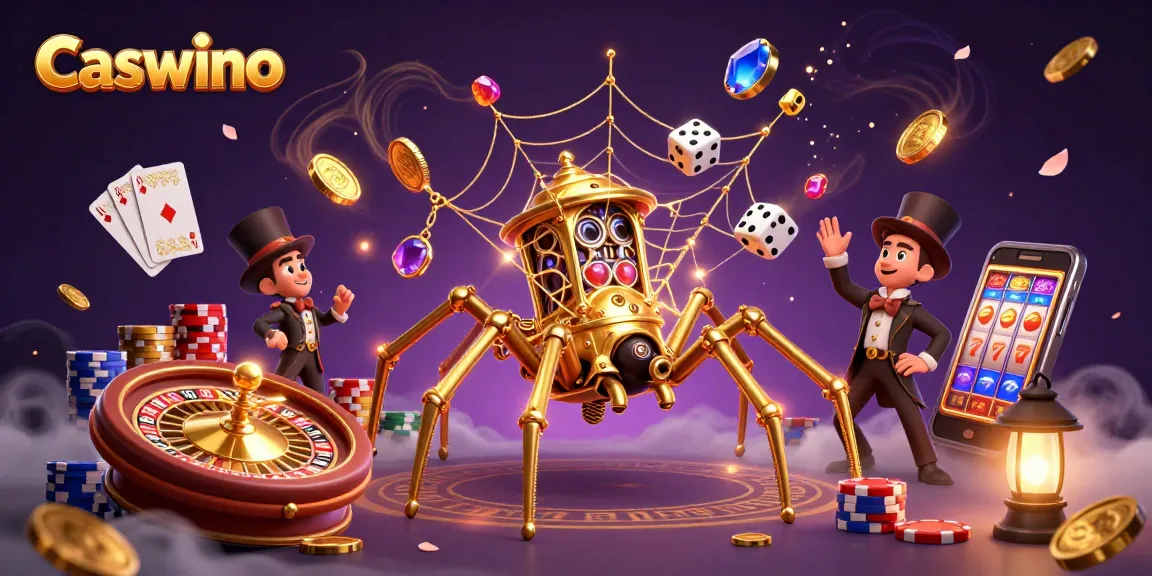 Caswino Casino's steampunk spider ensnares unlucky dice within a web of poker chip nodes amidst gleaming treasures.