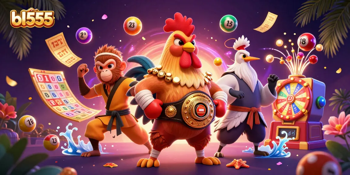 Engage in thrilling games at bl555 with vibrant lottery elements and dynamic casino characters.