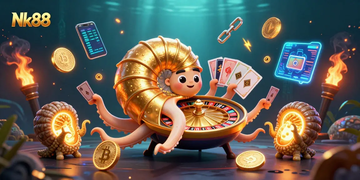 Experience thrilling wins with Nk88 as a giant nautilus spins a roulette wheel in a dynamic casino scene.