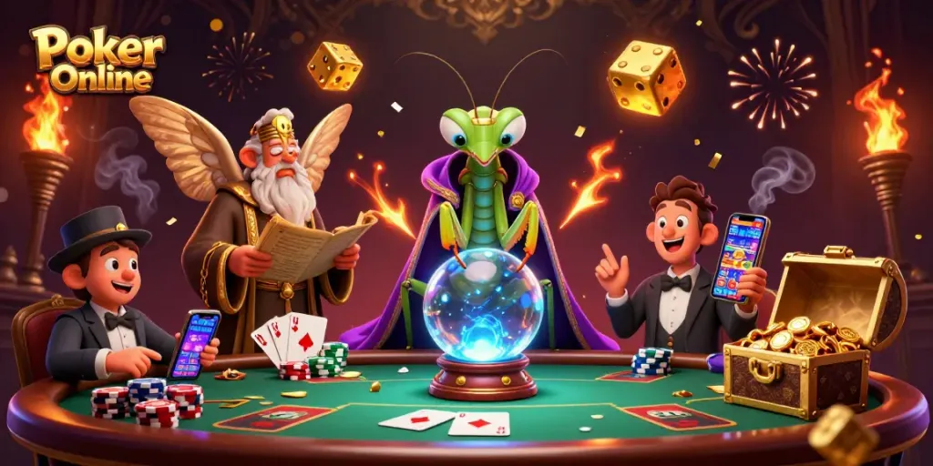 Engaging Poker Online scene showcasing animated characters and poker elements in a vibrant, festive setting.