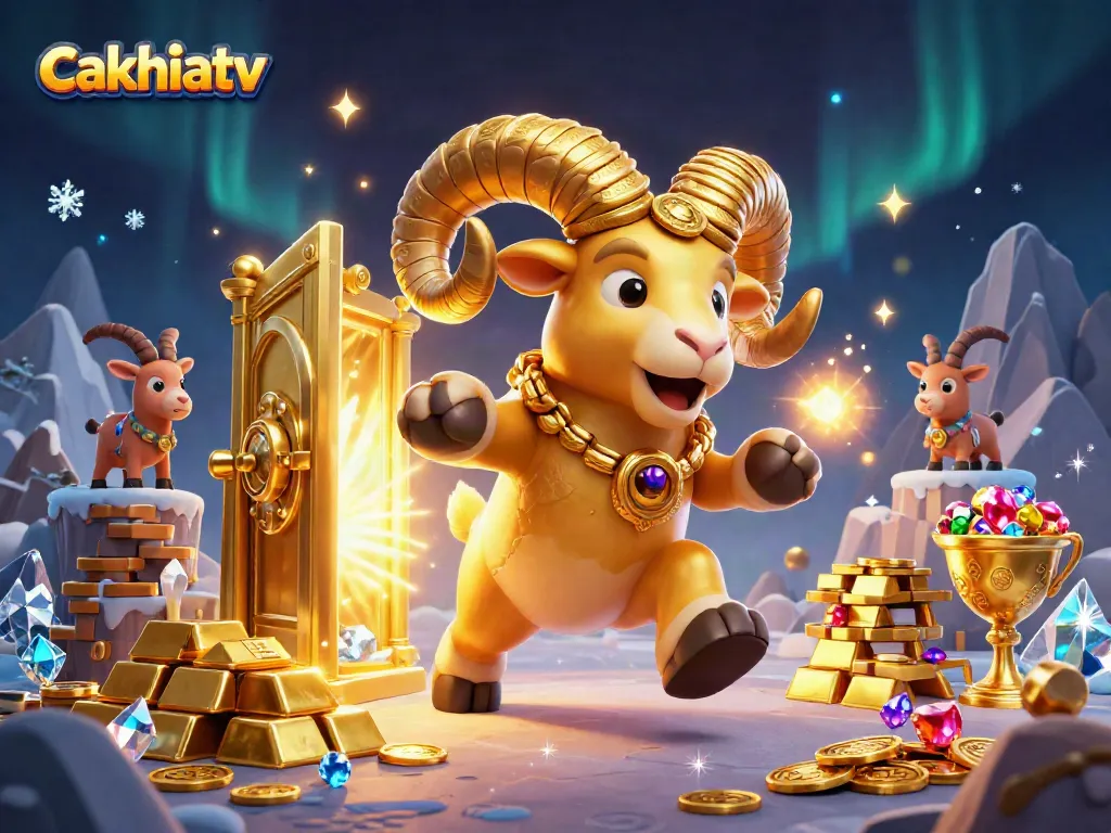 Cakhiatv showcases a golden ram charging at a treasure vault, symbolizing winning in online betting.