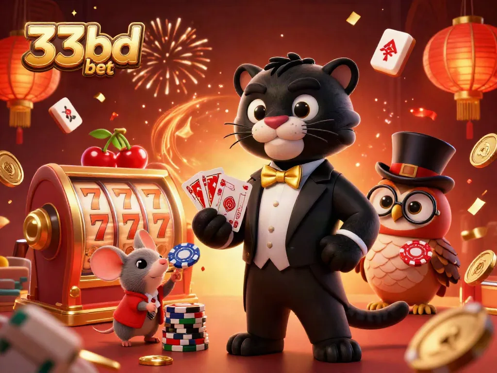 Experience the thrill of 33bd bet with stylish characters and festive casino elements.