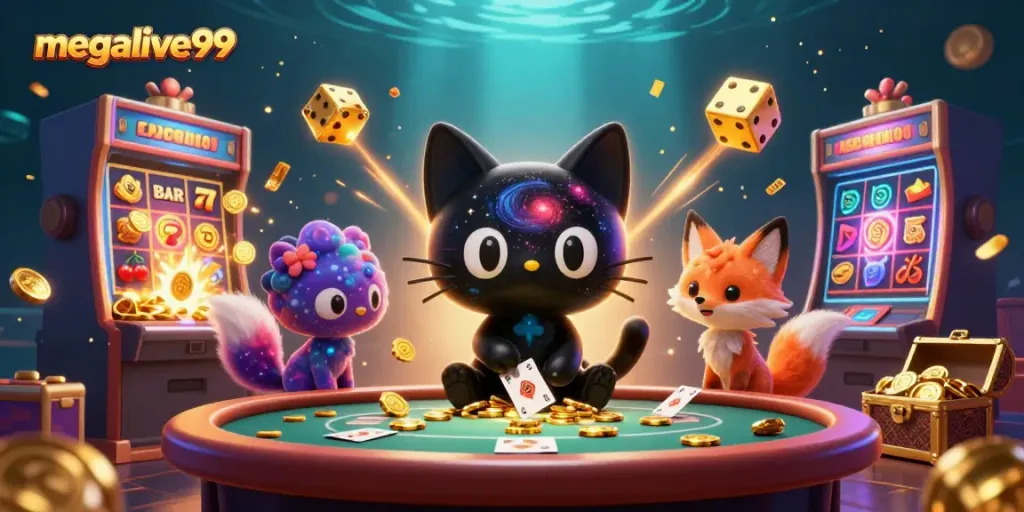 Permainan slot menarik dengan megalive99 menampilkan kucing hitam galaksi dan rubah nebula di kasino kosmik.