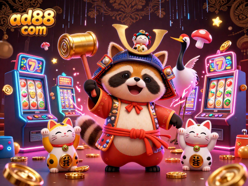 Engage with ad88 com's vibrant casino offerings featuring a cheerful tanuki and lucky symbols.