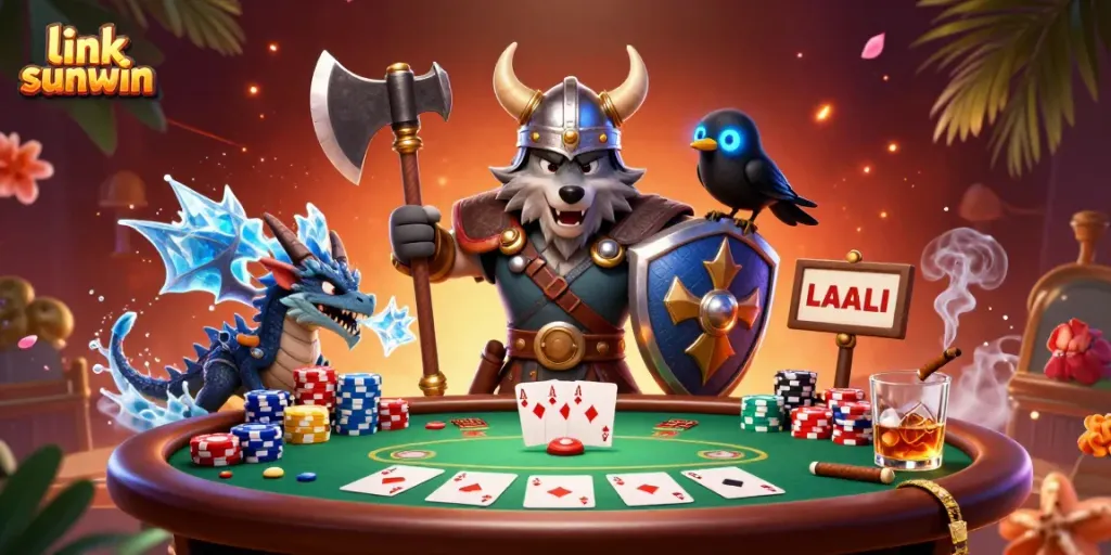 Showcasing an engaging scene of the Viking wolf warrior and companions with casino elements highlighting the link sunwin platform.