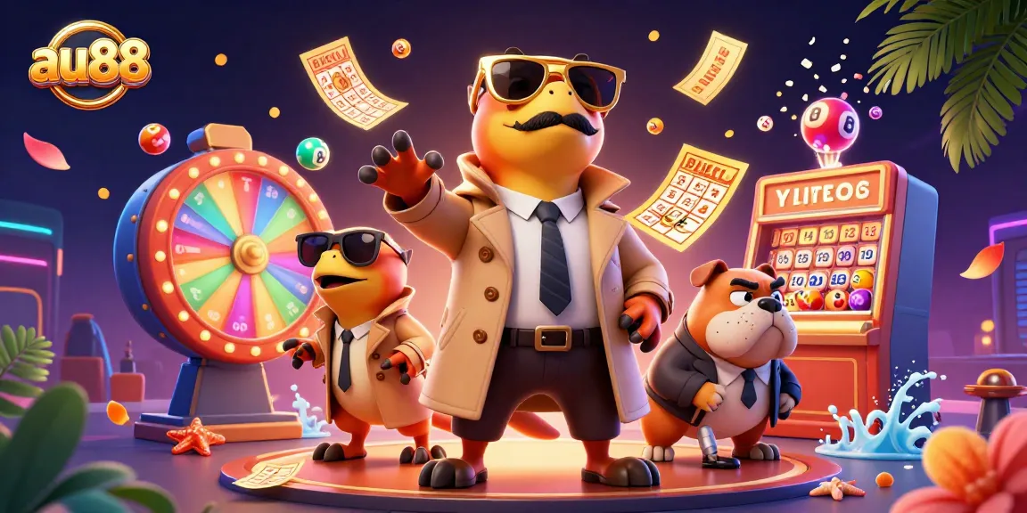 Experience thrilling gameplay at au88 with raptors sneaking into a VIP lounge amidst colorful lottery elements.