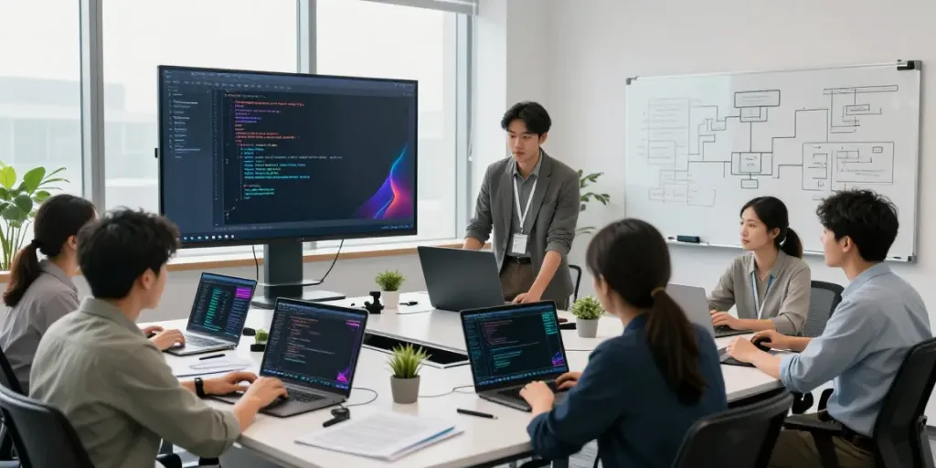 Engineers collaborating on Enterprise AI development in a modern tech office.