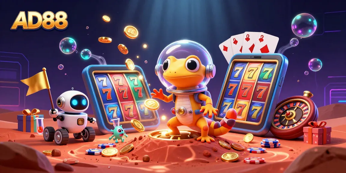 AD88 features a Martian gecko discovering a golden casino amid vibrant slot game elements.