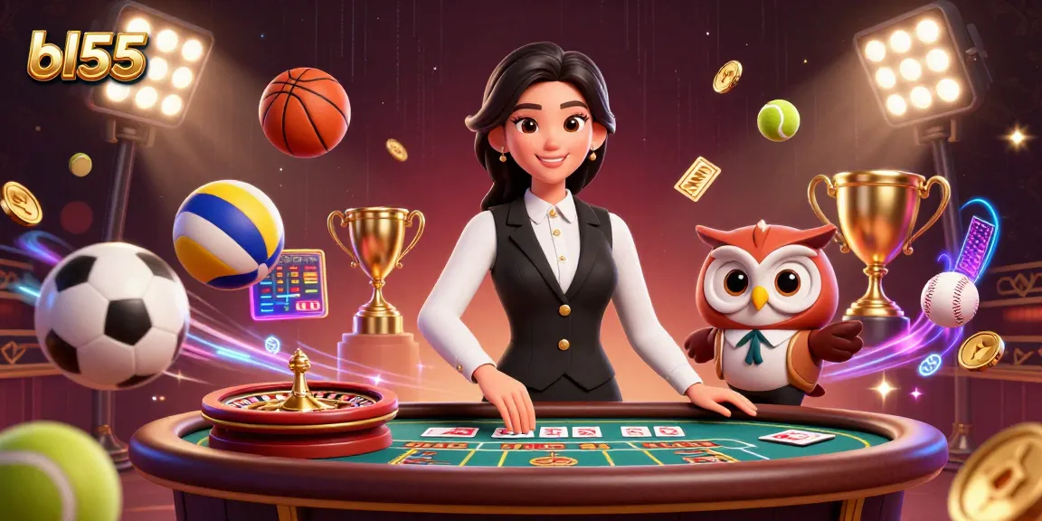Experience winning at bl555 with an Asian dealer and owl assistant in a lively casino scene.