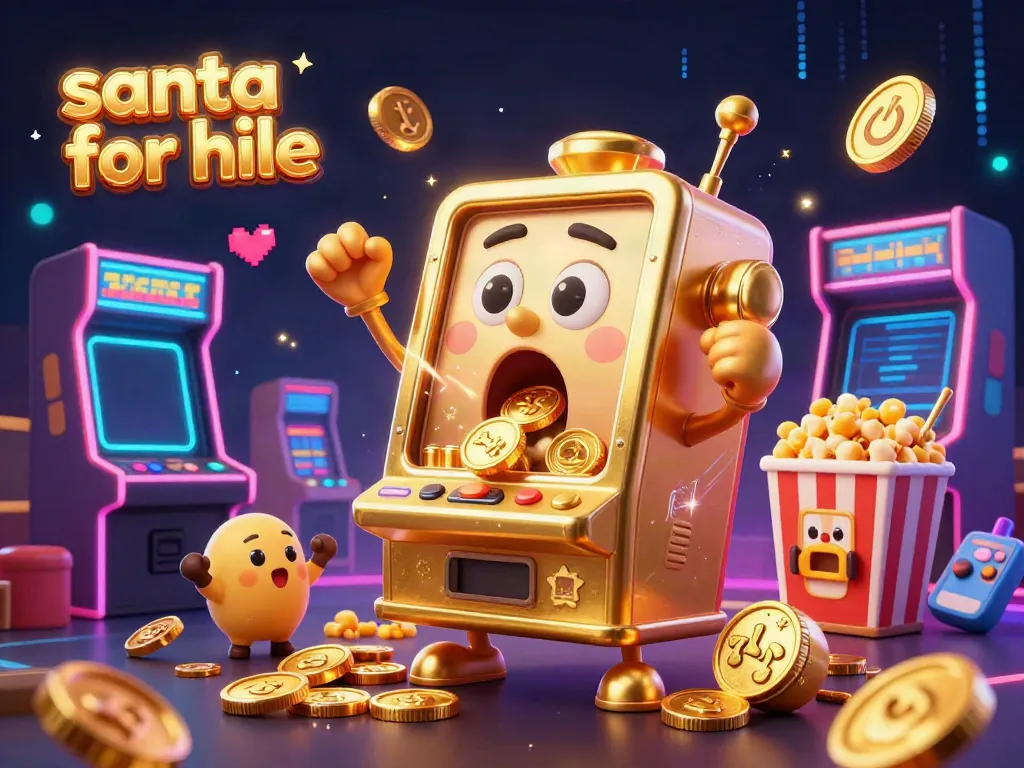 In a joyful casino scene, a shocked golden slot machine wins a jackpot, embodying the fun of Santa for hire.