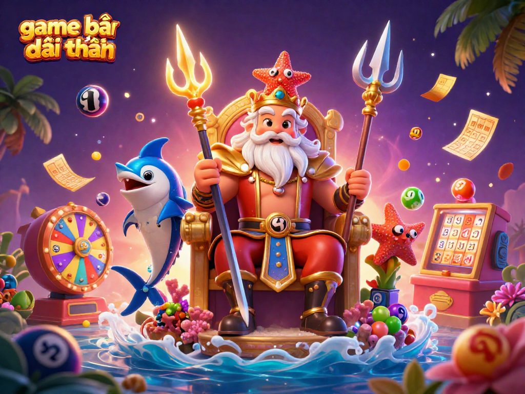 Engage in game bài đổi thưởng with vibrant symbols and characters in this exciting digital illustration.