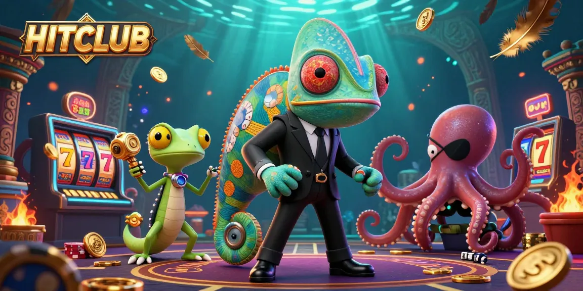 Experience exciting gameplay at HITCLUB with playful characters amid a vibrant casino atmosphere.