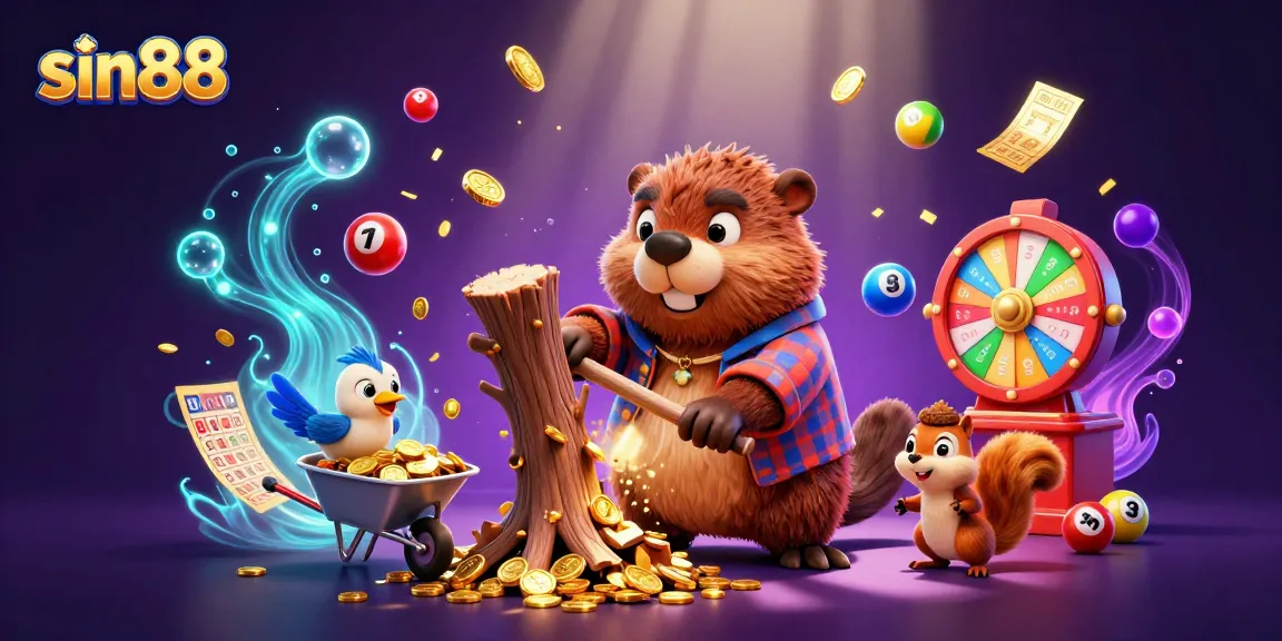 sin88 captures the lively scene of a beaver collecting golden coins in a vibrant casino landscape.