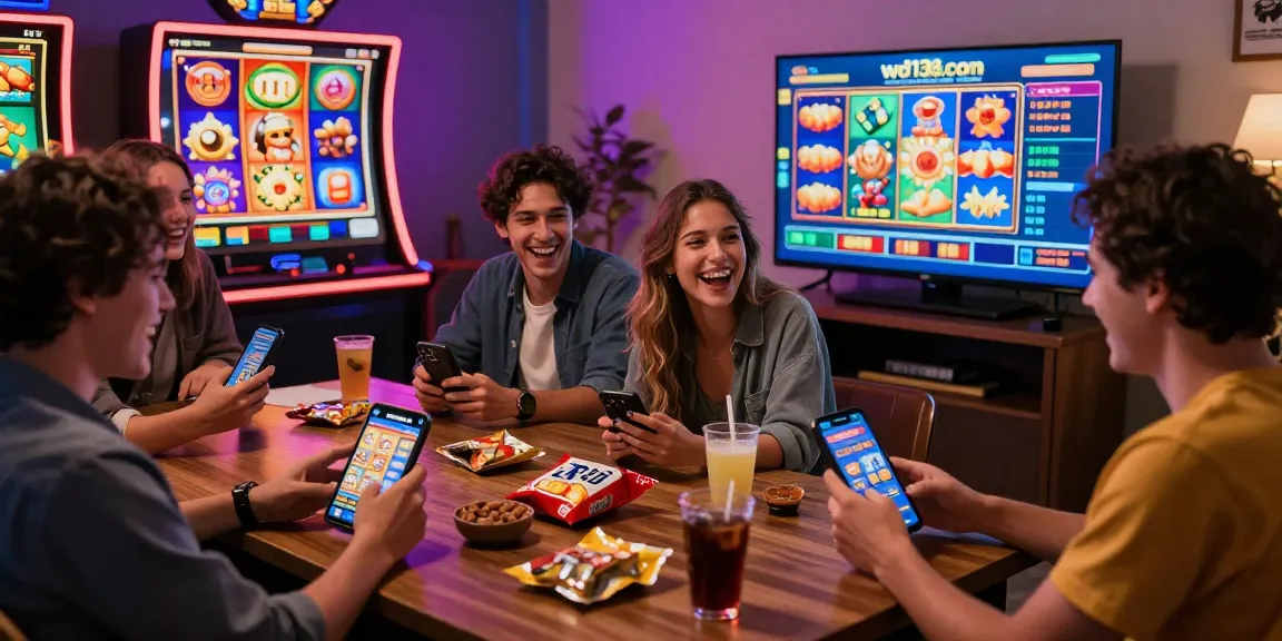 Friends enjoying slot games on wd138.com in a cozy gaming environment with colorful graphics.