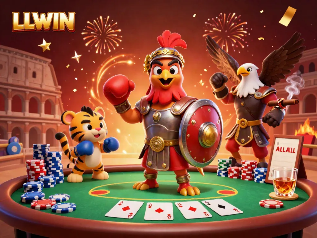 Experience thrilling gameplay at LLWIN with our vibrant 3D illustration showcasing a poker scene with a gladiator rooster.