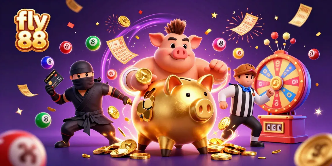 Experience fly 88's thrilling wins with a golden piggy bank and colorful lottery elements in action.