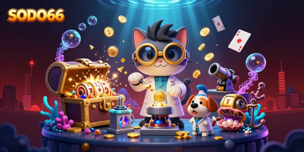 Experience the thrill of SODO66 with a whimsical lab scene filled with gold coins and gaming elements.