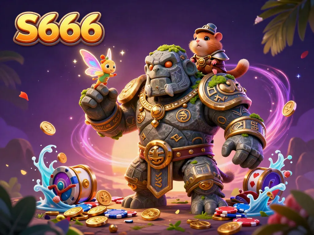 S666 illuminates a dynamic casino adventure with a magical golem, tiny fairy, and hamster knight, vibrant game elements around.