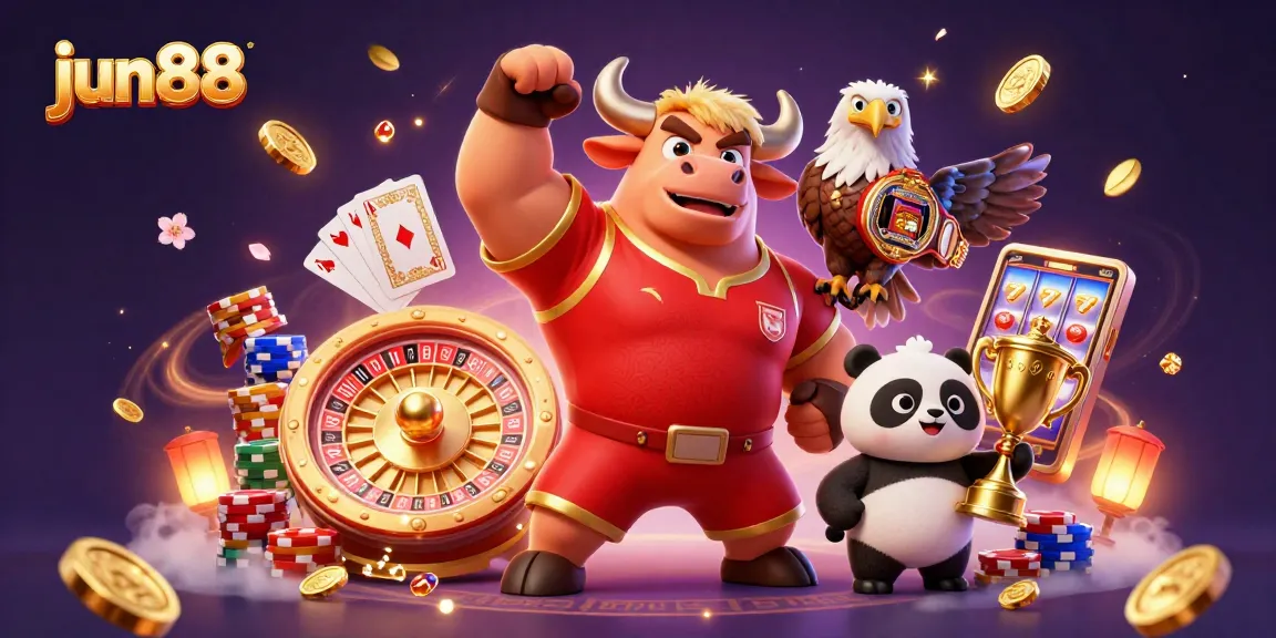 Experience exciting wins at jun88 with joyful characters celebrating and dazzling casino elements.