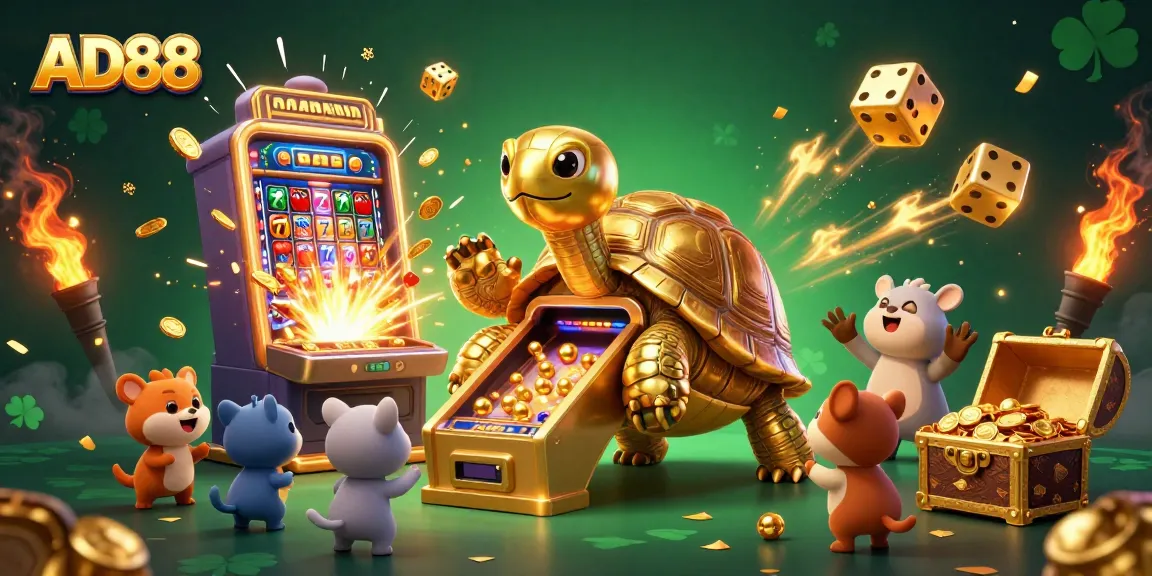 Experience thrilling slot games with AD88's animated golden tortoise and sparkling casino elements.