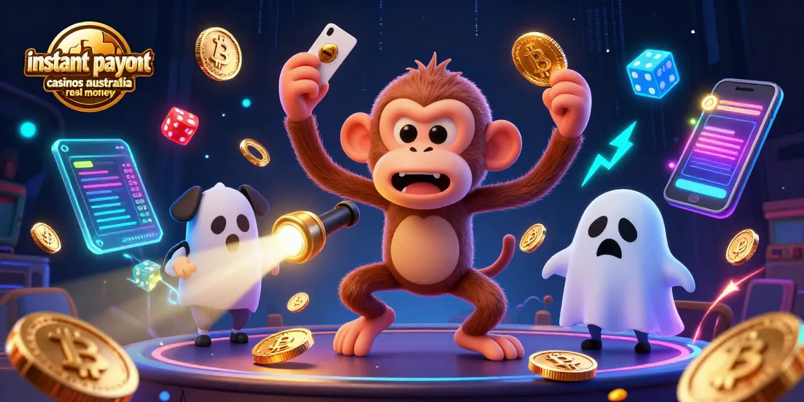 Experience the thrill of instant payout casinos Australia real money with a ghostly monkey juggling coins.