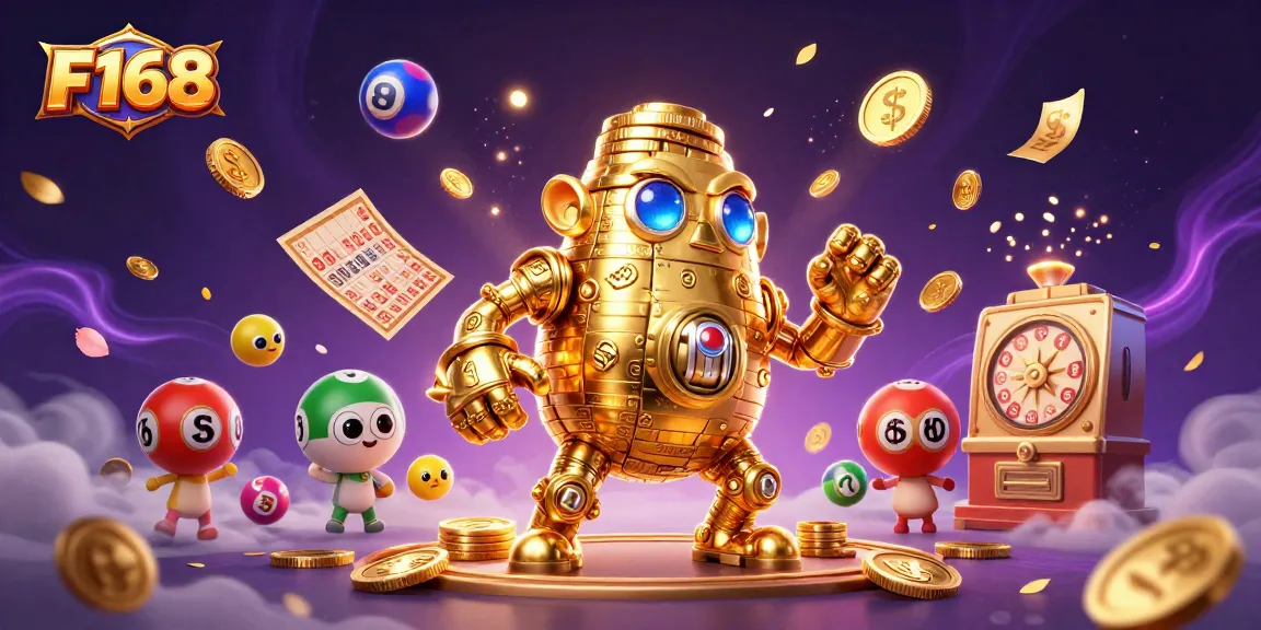 Engage with F168's exciting golden golem amidst vibrant lottery elements, experiencing thrilling online gambling.