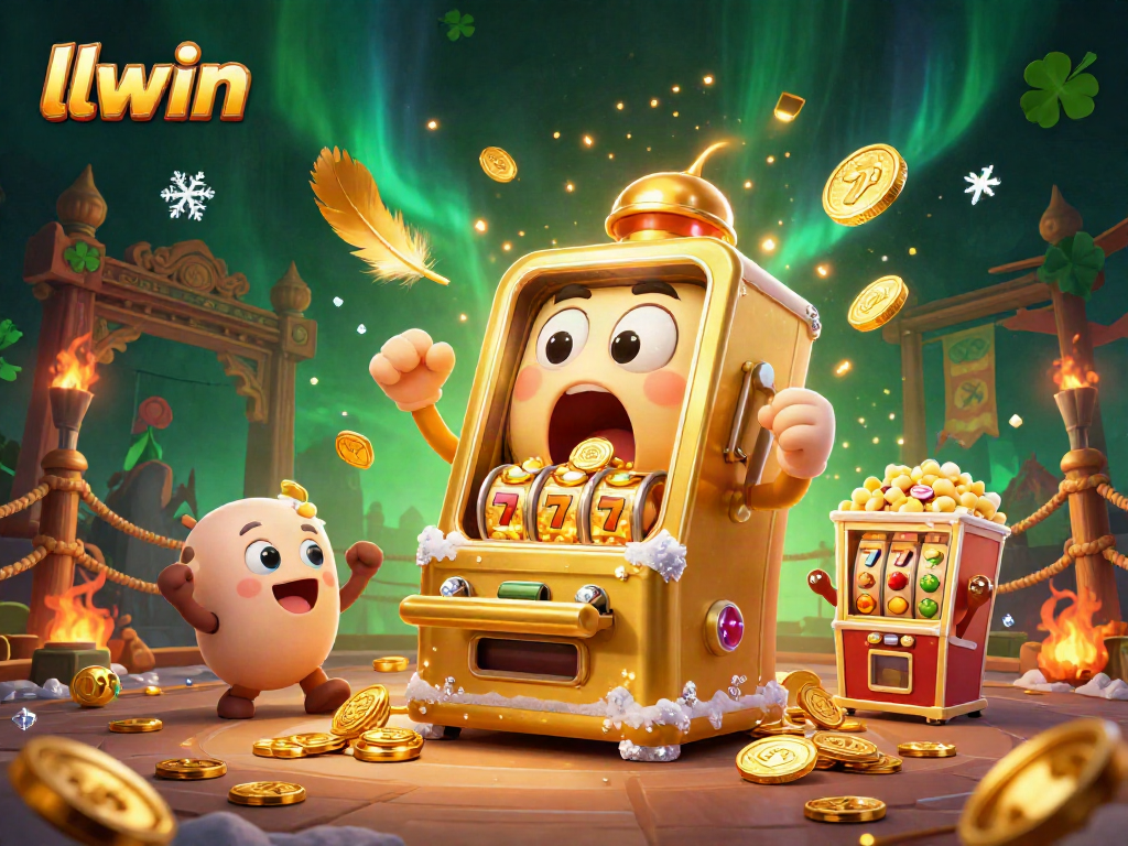 llwin celebrates a jackpot win with vibrant slot machines, coins, and thematic decorations.