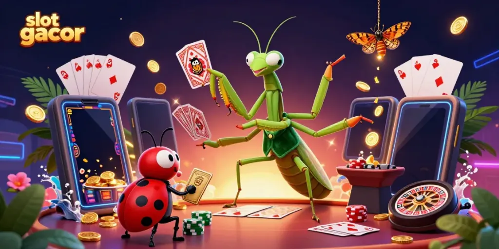 Experience the excitement with slot gacor as colorful slot games and vibrant characters fill the scene.