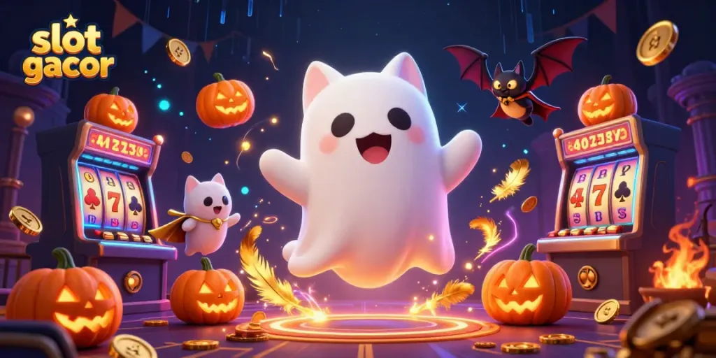 Experience slot gacor excitement in a haunted casino with a friendly ghost cat and golden details.