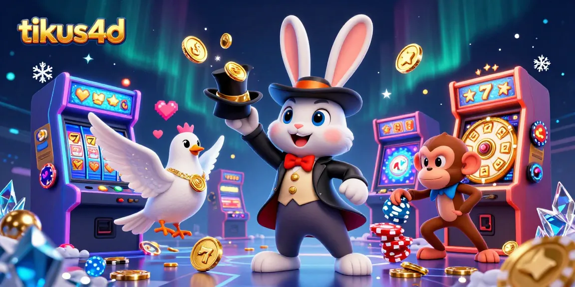 Experience tikus4d's thrilling game scene with a rabbit pulling coins and a monkey with poker chips.