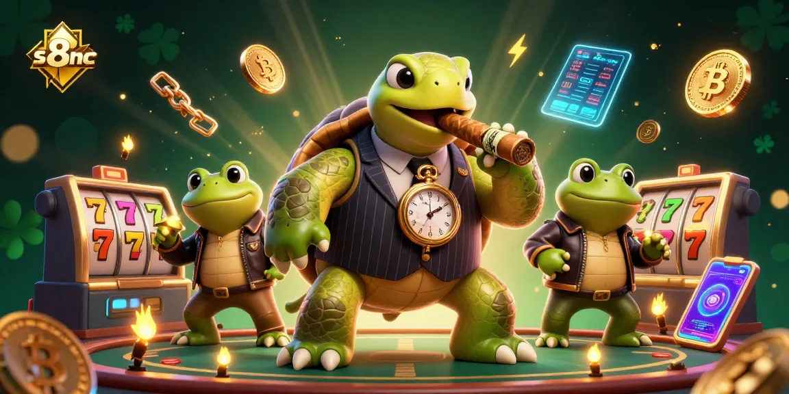 Engage with s8inc's thrilling casino action amid vibrant slot reels and cryptocurrency elements.