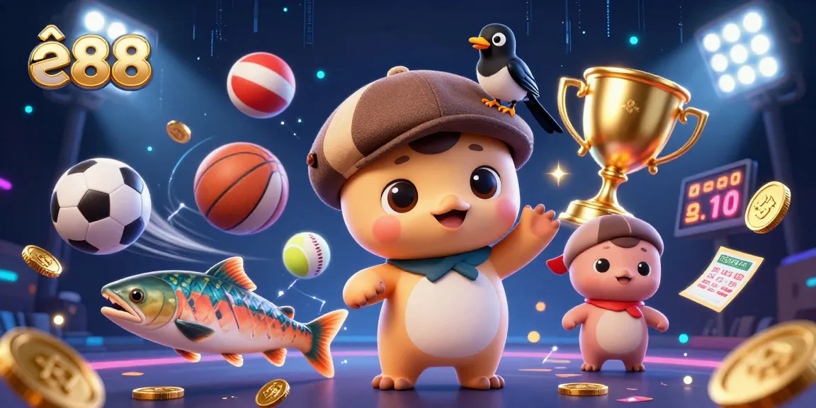 Experience the thrills of gambling with ê88 in a vibrant 3D casino scene featuring playful characters and dynamic elements.