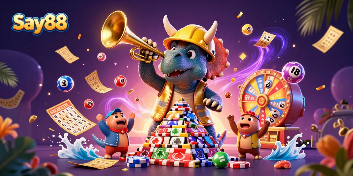 Say88 celebrates gaming with vibrant characters building poker chip pyramids amid a dynamic casino backdrop.