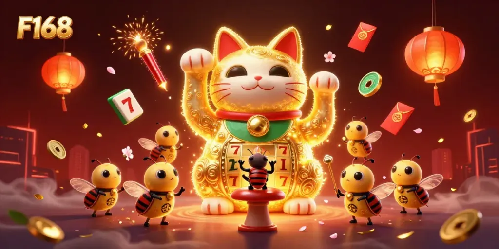 Engage in vibrant casino excitement with F168's animated lucky cat and gaming symbols.