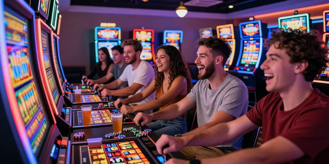 Friends celebrating a thrilling slot jackpot moment at a lively casino.