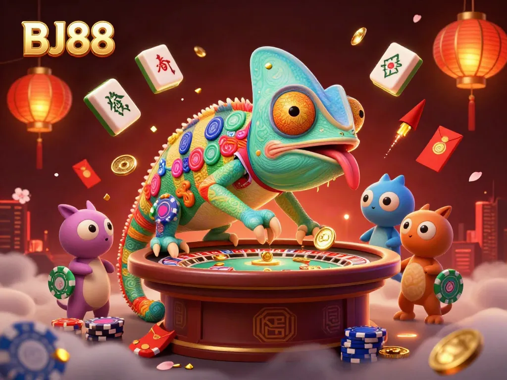 Experience thrilling gaming action at BJ88 Casino's vibrant illustration with unique characters.