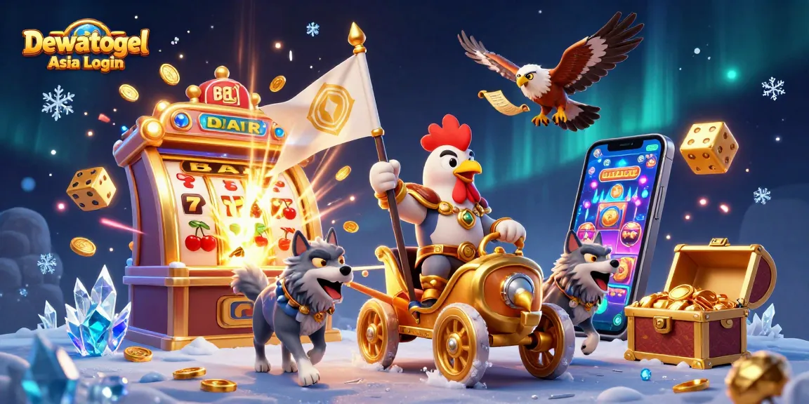 Dewatogel Asia Login showcases a thrilling 3D scene with a rooster warlord in a golden chariot, surrounded by exciting casino elements.