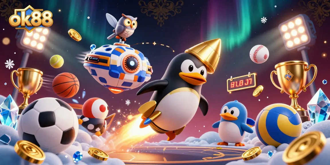 Experience the thrill of winning at ok88 with a dynamic illustration of a golden penguin soaring through a casino universe.
