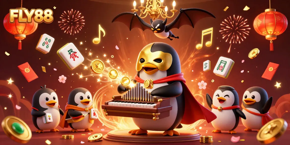 FLY88 showcases a vibrant 3D casino scene with a penguin playing organ and money flying.