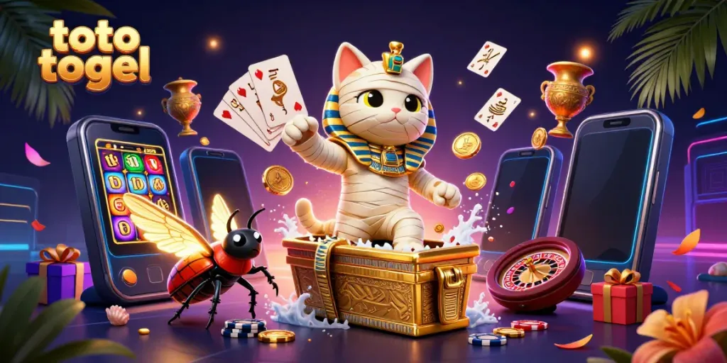 Experience the excitement of toto togel with a 3D cartoon Egyptian mummy cat and vibrant game elements.
