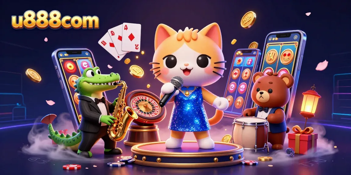 u888com brings exciting gaming to life with a vibrant casino scene featuring colorful slot games and unique characters.