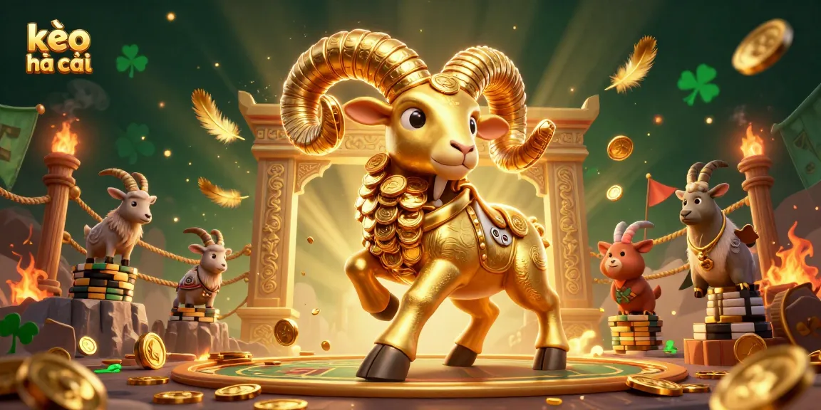 Engage in kèo nhà cái with a dynamic scene featuring a charging golden ram amidst a thrilling sports betting arena.
