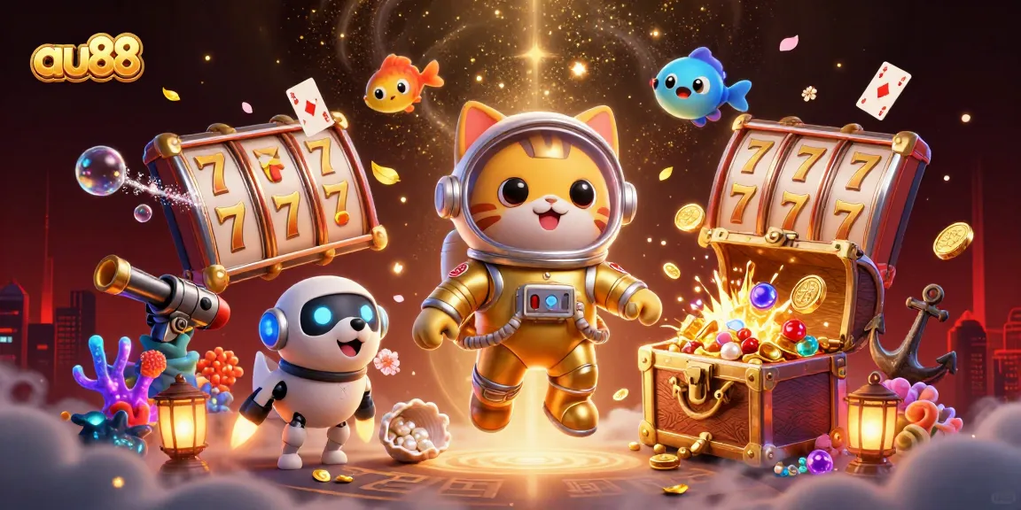 Engage with au88, the vibrant casino world where a golden astronaut cat and robot dog explore colorful treasures.