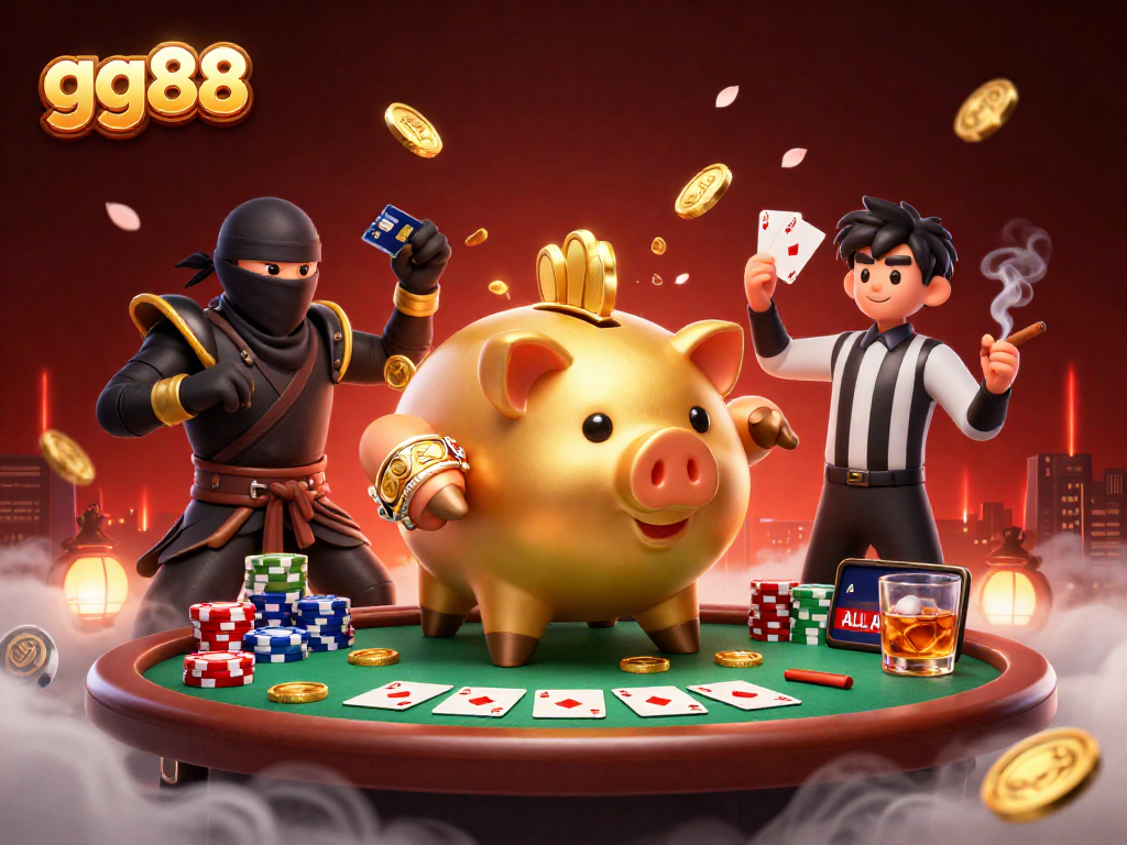 Engage with gg88's dynamic casino scene featuring characters battling over poker chips and golden coins.