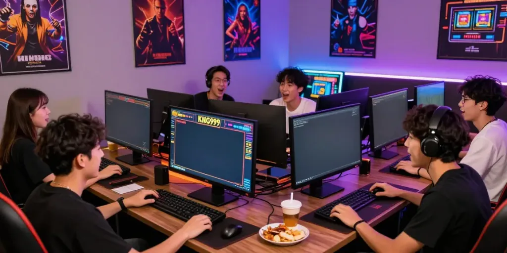 Excited group playing KING999 slot games online in a vibrant gaming room.