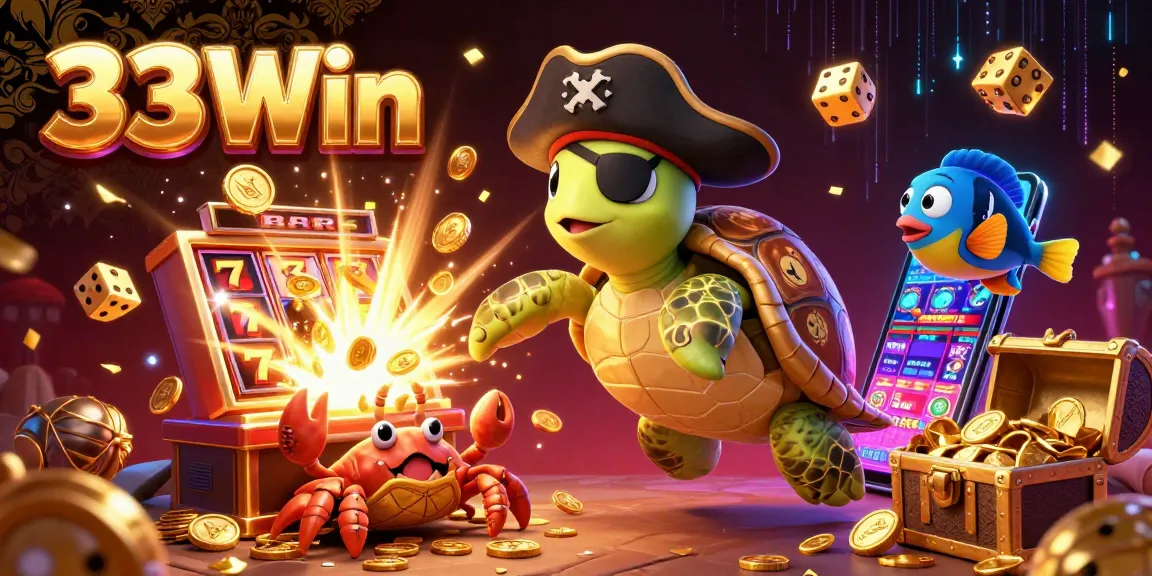 Experience excitement with 33Win's vibrant 3D casino illustration featuring a pirate turtle and treasure elements.