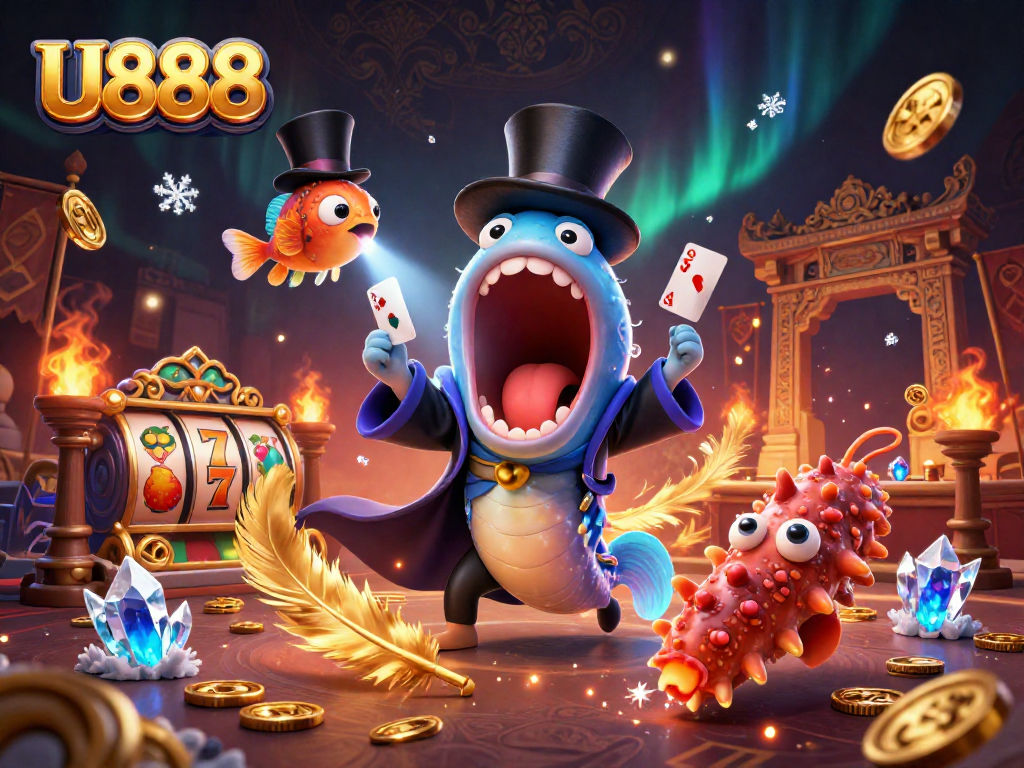 U888 showcases a magical casino scene with vibrant characters performing thrilling card tricks.